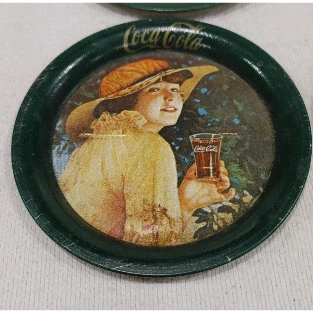 4 Coca-Cola Drink Coasters Set Vintage 1983 Display Ohio Art Advertising 3.5